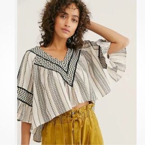 Free People Sz M Boho Cropped Swing Hem Festival Western Look Top Black White